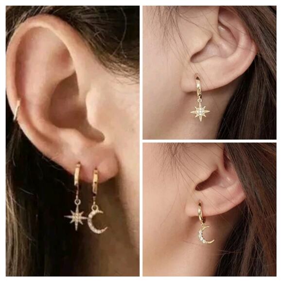 NEW! Celestial Moon & Star Gold + Rhinestone Huggie Hoop Tiny Charm Earrings 5&2 - Picture 15 of 15